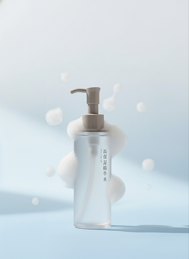 清新淡雅的3D风格设计，轻拟物泡沫环绕瓶身，简约主义构图搭配柔和光影，营造出清爽、清透、舒适的视觉感受，传递夏日保湿的纯净体验。