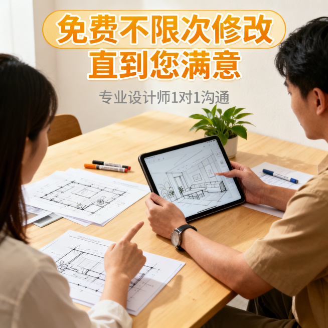 淘宝效果图制作店面图，突出免费修改服务，画面呈现设计师与客户沟通修改方案，配文"免费不限次修改 直到您满意"，风格亲切友好，色彩暖黄柔和预览效果