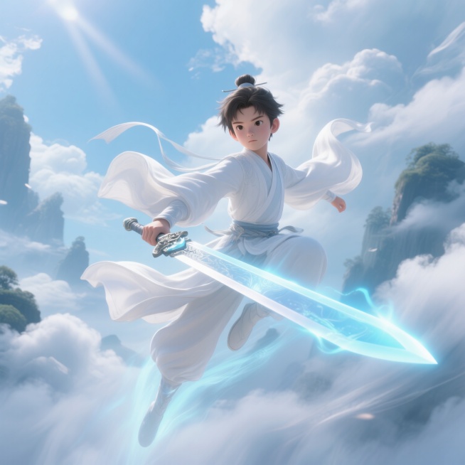 一个身穿白衣，御剑飞行的男孩预览效果