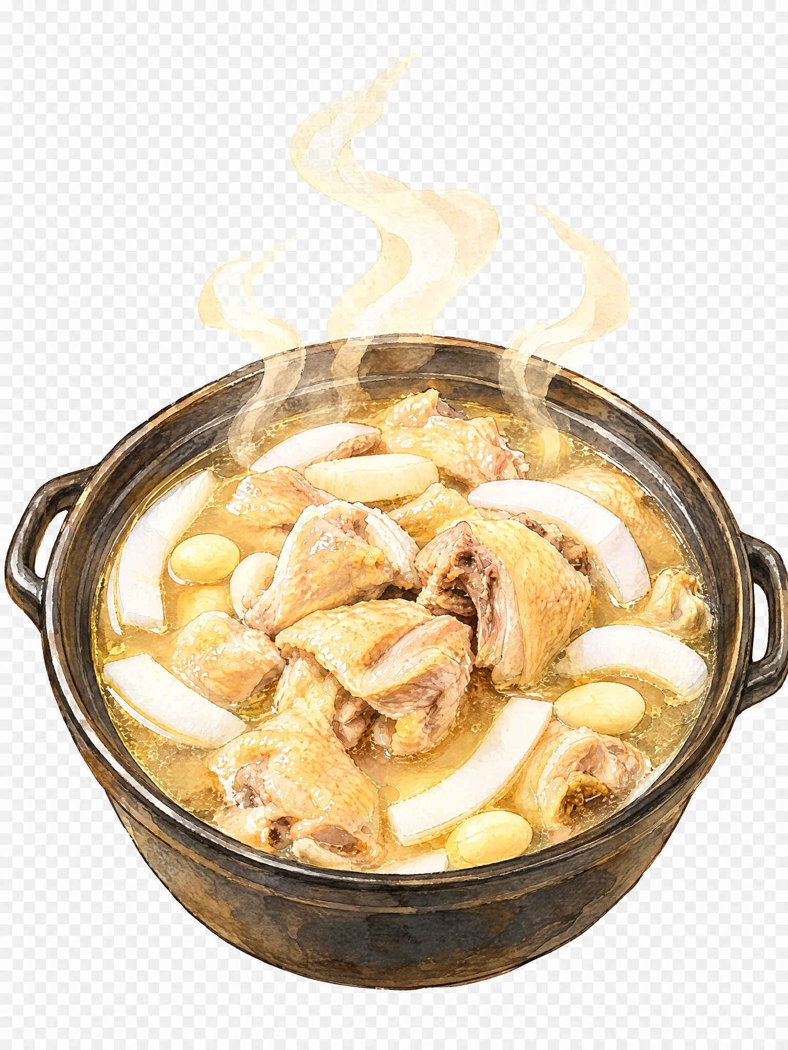 参考第一张底图的暖黄色调水彩手绘风格，将图中的椰子鸡汤菜品转换… - 图片创意预览