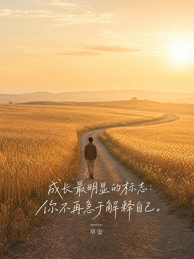 早安日签海报，竖版3:4比例，治愈系暖色调风格，柔和的晨光中，一条蜿蜒的小路延伸向远方，路两旁是金黄的麦田，一个人的背影安静地走在路上，整体氛围沉静内敛有深度。画面中央偏下位置有大号白色艺术字体文案，字体为优雅的手写体风格，文字内容为"成长最明显的标志：你不再急于解释自己。"，文字下方有一行小字"早安"，整体排版简洁大气，画面留白充足，ins风治愈系美学，高画质，2K分辨率