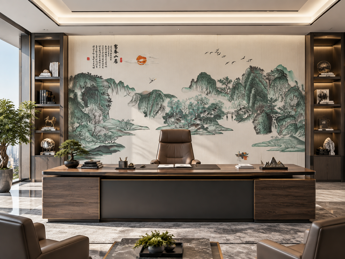 将这张刺绣硬包背景墙图安装在宽敞明亮、高端大气的总裁老板董事长… - 图片创意预览