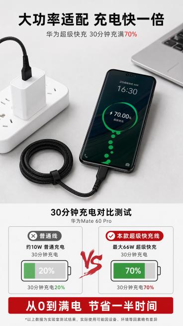 [第5屏] 快充实测，展示大功率快充适配效果。本屏使用黑色款数据线从【图1】提取。
[氛围/风格] 专业测试风，数据可视化，清晰直观，拼多多风格。
[元素布局] 上半部分展示黑色数据线搭配充电头接华为预览效果