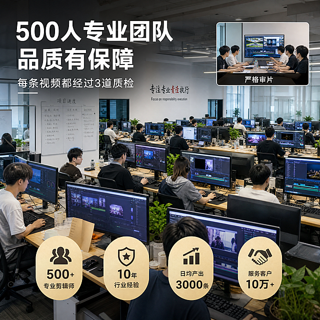[主图-7] 团队实力展示，幕后工作场景排版，主题为500人专业团队 每条视频都认真对待。
[统一基调] 现代办公环境实景风格，开放式剪辑工作室场景，多人同时工作的画面，体现团队规模和专业氛围，真实可信。
[画面] 画面主体是一个宽敞明亮的开放式剪辑工作室，十几位年轻剪辑师坐在工位前专注工作，每个人面前都有双屏显示器，屏幕上显示着不同的视频剪辑界面。工作室环境现代，有玻璃隔断、绿植、白板上写着项目进度。画面上方大标题，下方4个圆形数据图标悬浮：500+专业剪辑师、10年行业经验、日均产出3000条、服务客户10万+。右上角有一个小画中画窗口，显示审片会议场景，几个人围在一起讨论视频。整体真实有规模感。
[光影质感] 真实办公室摄影质感，自然光+室内灯光，明亮通透，人物自然真实，环境细节丰富，有生活气息。
[配色] 真实环境色为主，白色墙面，木质桌面，黑色显示器，人物穿着休闲，整体自然真实不浮夸。
[文字版式] 顶部主标题"500人专业团队 品质有保障"，副标题"每条视频都经过3道质检"，底部4个数据图标+文字，右上角小窗口标注"严格审片"。文字简洁，不遮挡主要场景。
[输出要求] 1:1正方形，2048x2048，文字清晰，场景真实，团队规模感强。禁止：变形、错字、模糊、平台Logo、虚假人数。