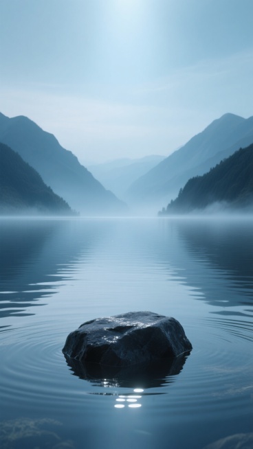 3D渲染风格的展台背景，画面以清澈平静的湖面为主体，近景处一块湿润的深色岩石静卧水中，水面泛着细腻的波光与岩石倒影，中景是宽阔的湖面延伸至远方，两侧是轮廓朦胧的深色山峦，山间弥漫着淡淡的晨雾，整体笼罩在柔和的蓝色调与冷灰色调之中，光线从画面上方洒落，营造出宁静、悠远、空灵的氛围，具有极高的视觉层次感和自然质感，适合作为展台背景使用。预览效果