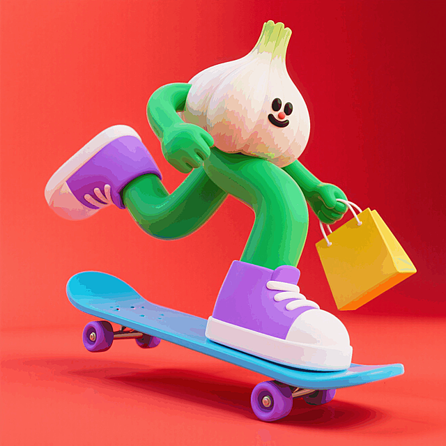 拟人的大蒜滑着滑板，手提购物袋，背景红色