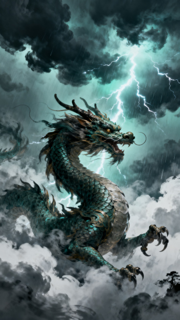 一条雄伟的东方神龙在云海中翻腾，兴云布雨，乌云密布电闪雷鸣，神龙鳞爪飞扬，气势磅礴，中国风神话场景，细节丰富，画面震撼预览效果