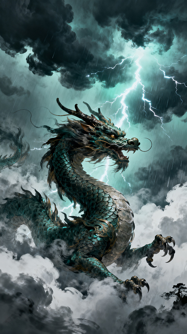 一条雄伟的东方神龙在云海中翻腾，兴云布雨，乌云密布电闪雷鸣，神龙鳞爪飞扬，气势磅礴，中国风神话场景，细节丰富，画面震撼