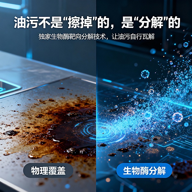 第1张：痛点冲击	“别再让油污累垮你的腰！”
（副标：90%的主妇清洁后腰酸背痛，我们改变这一切）	画面中央一位女性手扶腰部，面对油腻灶台露出疲惫表情。文案用手写粗体突出情绪。	情感差异化：不提“去污”，而是点出清洁带来的身体劳累，引发强烈共鸣。
第2张：技术颠覆	“油污不是‘擦掉’的，是‘分解’的”
（副标：独家生物酶靶向分解技术，让油污自行瓦解）	左右分屏对比：左图传统清洁剂“物理覆盖”，右图你的产品“生物酶分解”示意图（可用动画粒子效果）。	技术差异化：跳出“植物萃取”的模糊概念，提出更精准的生物酶技术，建立科技感。
第3张：效果证明	“看不见的油污，我们也负责”
（副标：专治油烟机内部、灶具缝隙等隐藏油垢）	用内窥镜镜头或剖面示意图展示油烟机内部或灶具缝隙的油污被清洁剂渗透、溶解的过程。	场景差异化：大多数产品只展示表面清洁，而你聚焦于难以触及的隐藏油污，体现深度清洁能力。
第4张：安全信任	“敢让宝宝舔舐的清洁剂？”
（副标：通过食品级接触安全测试，零化学残留）	画面中产品旁放置水果、婴儿餐具等，并配上权威检测报告（SGS、FDA等）的图标。	安全维度差异化：不仅“不伤手”，更强调食品级安全，甚至可用“舔舐”等夸张但具象的表达，极大提升信任度。
第5张：促销转化	“今天，升级你的清洁方式”
（副标：告别传统清洁，赠送缝隙清洁刷+视频教程）	清晰展示产品、赠品（缝隙刷）、文案突出“升级”而非“便宜”。	价值差异化：促销点不是“多送几瓶”，而是赠送解决隐藏油污的工具和知识，强化“专业解决方案”的定位。