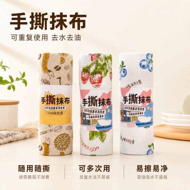 使用电商主图技能生成5张比例1:1的电商主图，适配平台为1688，商品为「图片1」「图片1」「图片1」「图片1」「图片1」，商品卖点为随用随撕，可多次使用，易擦易净，去水去油，其他要求为预览效果