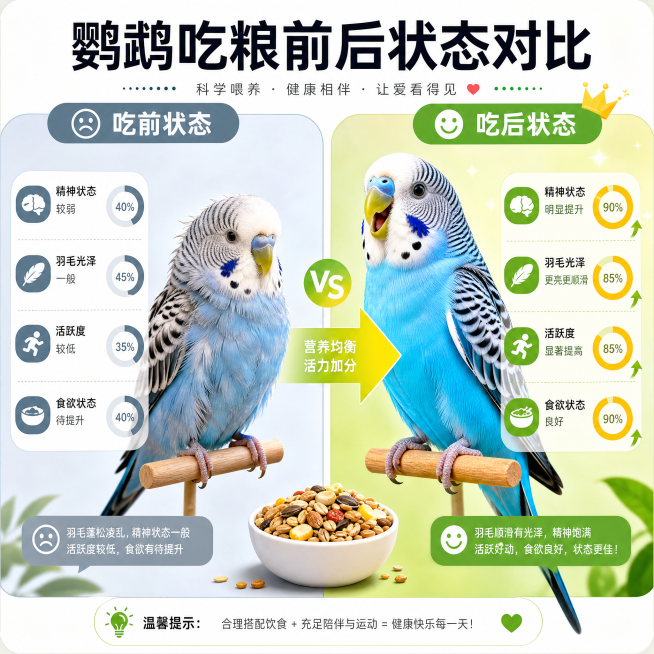 鹦鹉吃完鹦鹉粮前后状态对比信息可视化图，分左右两部分对比展示，左侧是吃前状态，右侧是吃后状态，清晰直观的可视化设计预览效果