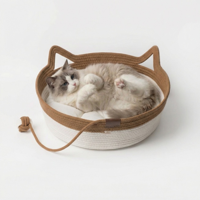 将图中的猫窝替换为图1的棕白配色带猫耳造型、带白色垫子和棕色绳结玩具的猫窝，保持图中猫咪和其他元素不变，猫窝的造型角度与原图一致，颜色与图1的棕白配色严格一致预览效果