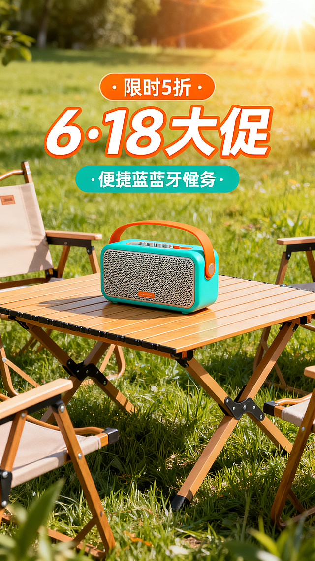 电商促销海报，主题“6·18大促”，便携式蓝牙音箱产品放在户外露营桌上，背景是草地和阳光，海报上方有“限时5折”促销标签，产品居中排版，整体色调明亮活力，主色调为橙色与青色