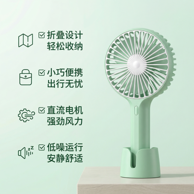 [主图主题] 浅绿色手持小风扇核心卖点展示
[氛围/风格] 舒适简约家居治愈风格，明亮干净自然光
[画面元素] 浅绿色手持小风扇放置在画面右侧，展示产品折叠后形态，左侧列出四个核心卖点，每个卖点配有简预览效果