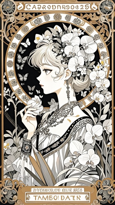 穆夏风格，插画，黑金色，线条艺术，精细，扁平插画风，钢笔插画，精致，精致线稿，一个古装美人半身侧面，身材曲线美，五官精致，被植物藤蔓和蝴蝶兰花朵包围，细节，二次元，钢笔画，黑白装饰画，有线条表现，塔罗预览效果