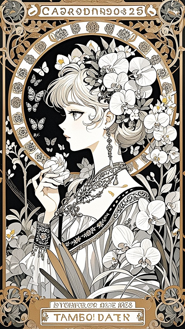 复古穆夏风插画，优雅女性与花卉交织，浪漫梦幻，古典唯美。