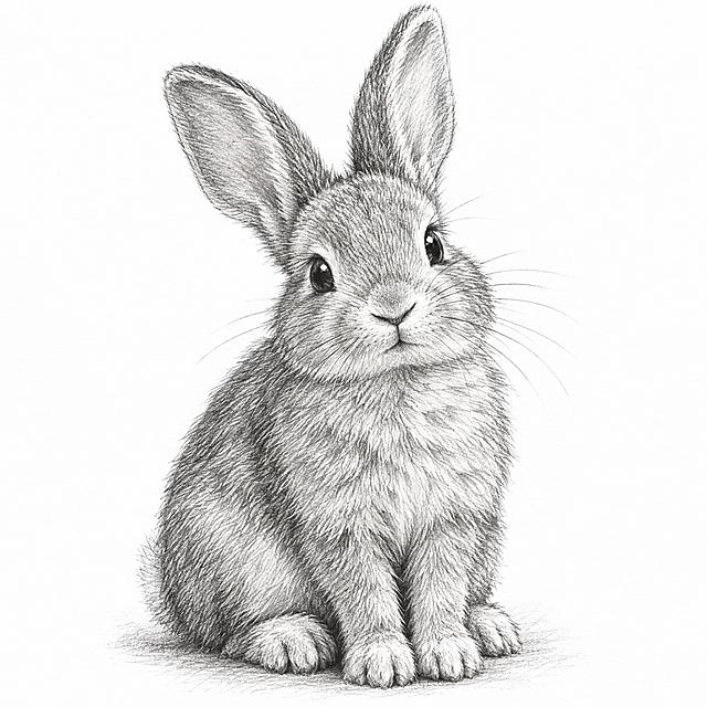 一只可爱的兔子素描画，铅笔手绘风格，细腻的线条勾勒出兔子毛茸茸的身体和长耳朵，兔子呈坐姿，神态温顺可爱，背景为纯白色纸张，素描阴影层次丰富，笔触清晰可见，艺术感强，写实风格