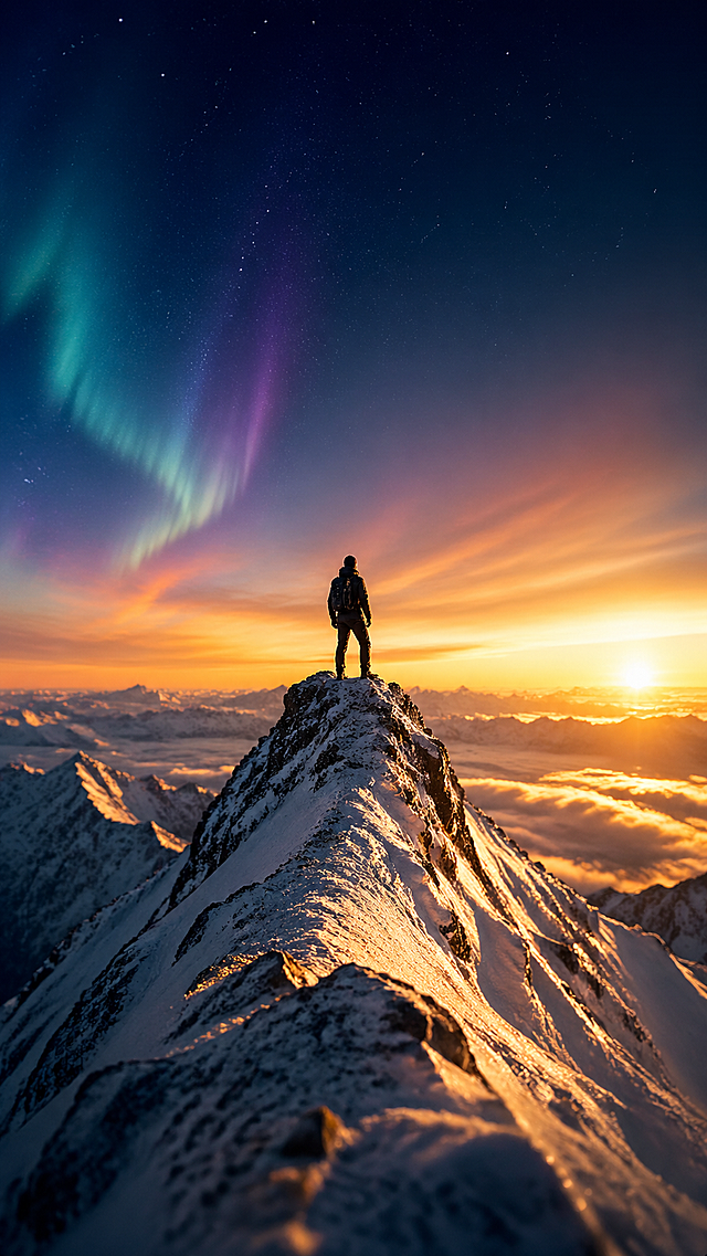 A solitary figure standing at the apex of a snow-covered mountain peak at golden hour, strong directional sunlight casting long dramatic shadows, the figure's silhouette confident and resolute, wide dramatic sky with subtle aurora gradients from deep navy to warm amber, frosted rock textures, cinematic composition, f/1.8 shallow depth of field with distant peaks softly blurred into bokeh, ultra-detailed 8K, palette of deep navy, warm gold, cool white, atmosphere of quiet determination and focused ambition