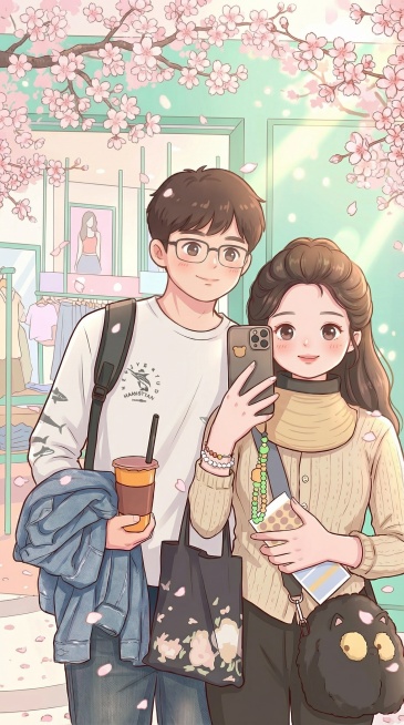 去掉男方头上的帽子，将两个人物调整得更加可爱幼态，增强背景的春天氛围，增加更多樱花和飘落的花瓣，保持春季清新配色和手机壁纸尺寸，保留原构图不变预览效果