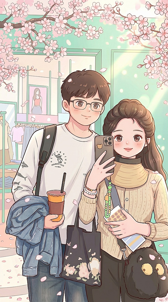 去掉男方头上的帽子，将两个人物调整得更加可爱幼态，增强背景的春天氛围，增加更多樱花和飘落的花瓣，保持春季清新配色和手机壁纸尺寸，保留原构图不变