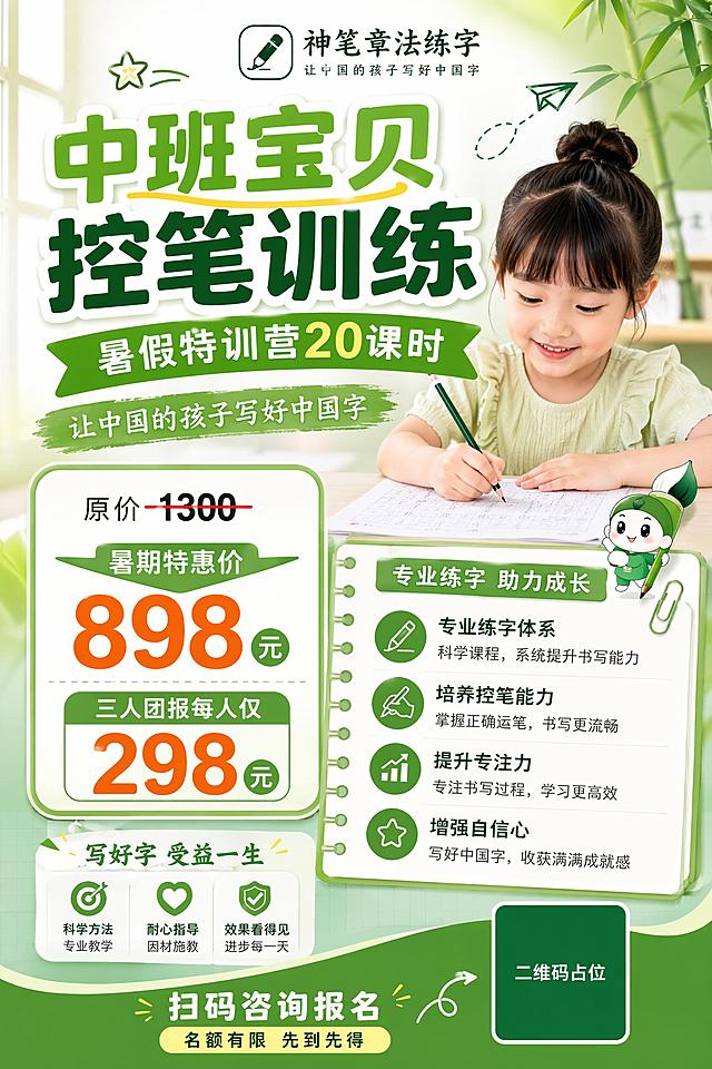 小红书风格招生海报，主题是神笔章法练字中班宝贝控笔训练暑假特训营，主标题："中班宝贝控笔训练"，副标题："暑假特训营20课时"，slogan："让中国的孩子写好中国字"。关键信息：原价"1300"划掉，暑期特惠价"898"，三人团报每人仅"298"。卖点：专业练字，培养孩子控笔能力，扫码咨询报名。整体清新专业，适合少儿练字培训，采用绿白为主的配色，A4竖版比例为2:3，版式活泼精致符合小红书风格，文字清晰醒目，底部二维码区域使用纯色方块占位符，标注"二维码占位"，所有数字必须精确渲染，画面信息完整，是可直接使用的成品海报。
