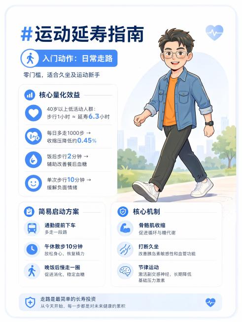 生成一张苹果风简约医疗健康风格的运动延寿指南卡片，标题：#运动延寿指南，入门动作：日常走路（零门槛，适合久坐及运动新手），核心量化效益：40岁以上低活动人群：步行1小时 ≈ 延寿6.3小时；每日多走1预览效果