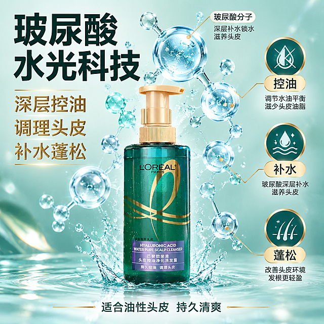 [主图-2] 核心功效成分解析，展示玻尿酸控油调理头皮的核心卖点，用成分可视化增强专业背书。
[统一基调] 拼多多风格，大字直白，清爽高级美妆个护质感；主色为深青绿+香槟金+白色，辅助色浅蓝水光；主标题用粗黑体大字，说明文字用细黑体；整体通透水润，商业摄影3D渲染质感。
[画面] 产品瓶身位于画面下方居中，占画面约40%，正面展示。瓶身上方悬浮多个3D透明质酸分子球结构，晶莹剔透，大小错落，有细线从分子球引出指向对应功效标签。背景为浅青绿色渐变，带细微水光粒子漂浮。左侧大字主标题：「玻尿酸水光科技」，下方分三行金色小字卖点：「深层控油 调理头皮 补水蓬松」。右侧三个圆形功效图标，分别标注：「控油」「补水」「蓬松」，每个图标下方有简短说明。底部一行小字：「适合油性头皮 持久清爽」。
[光影质感] 商业摄影质感，分子球有玻璃透明折射质感，瓶身光影自然，整体柔光均匀，科技感与水润感结合。
[配色] 浅青绿背景，香槟金标题和图标边框，白色说明文字，透明蓝色分子球。
[文字版式] 主标题居左上方大字粗体，功效图标居右竖排，卖点文字在主标题下方，文字清晰不遮挡产品。
[输出要求] 1:1正方形，文字清晰可读，产品清晰不变形，无错字，无杂乱元素，无水印，无拼多多平台Logo。