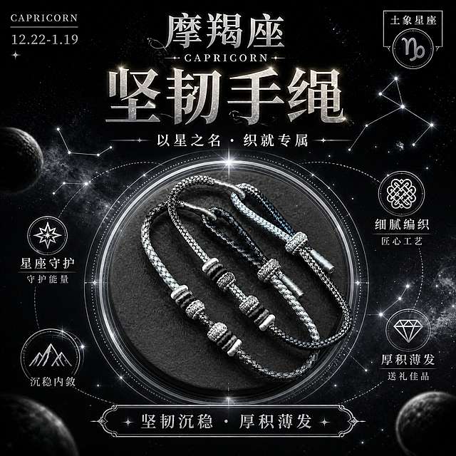 参考第二张图的版式骨架与构图结构，生成一张摩羯座主题手绳的商品营销海报。

【产品锁死】
手绳产品100%还原第一张图的产品外形、编织结构、绳结样式、线圈细节、材质质感与整体比例，以上传图为唯一商品主体来源，完整保留原图中的编织方式、线圈数量与排列、绳头样式，产品结构与第一张图保持一致；手绳配色更换为曜石黑+银灰+冷白金配色，呼应摩羯座冷静理性特质；设计仅作用于背景、光影、道具、版式和文字区，商品主体占画面中心区域约55%~70%，文字不遮挡主体。

【版式复刻骨架】
严格参考第二张图的版式分区与面积比例：顶部主标题区居中、左上角英文+日期、右上角星座符号+属性标签、画面正中心为产品圆形光环展示区、左右两侧分布卖点图标（各2个）、底部为slogan底栏；整体构图、留白节奏、字体层级关系与参考图保持一致。

【配色方案二：曜石冷银】
整体配色体系：纯黑+深灰背景，搭配冷银色+铂金色文字与装饰线条，呈现冷静、理性、高级极简的摩羯座气质；背景为纯黑色渐变星空，点缀银白色星光与星云，中心产品放置在深灰色哑光质感圆形台面上，外围环绕多层冷银色发光圆环。

【文字内容（贴合摩羯座性格）】
- 左上角：竖排或横排小字 "CAPRICORN"，下方 "12.22-1.19"
- 顶部居中主标题："摩羯座" 三个大字，冷银色金属质感，字体大气稳重；下方小字英文 "CAPRICORN"
- 主标题下方大标题："坚韧手绳"，铂金色立体字，字号最大最醒目
- 副标题："以星之名 · 织就专属"，位于坚韧手绳下方
- 右上角："土象星座" 标签 + 摩羯座符号 ♑ 圆形徽章
- 左侧两个卖点图标：
  1. 星形图标 + "星座守护" + 小字 "守护能量"
  2. 山峰图标 + "沉稳内敛"
- 右侧两个卖点图标：
  1. 编织结图标 + "细腻编织" + 小字 "匠心工艺"
  2. 钻石图标 + "厚积薄发" + 小字 "送礼佳品"
- 底部底栏：装饰性边框内文字 "坚韧沉稳 · 厚积薄发"

【风格与画质】
写实商业摄影风格，精致高级珠宝饰品质感，冷银金属字效，极简黑白灰光影氛围，超高清2K画质，材质细节清晰，编织纹理可见，整体画面精美、版式精美、层次分明。

画面中所有信息区域必须填充完整合理的内容，不得出现空白框、空白占位、空列表项；画面中所有数字必须精确渲染，不得错位、遗漏或编造。