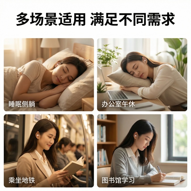 [主图主题] 隔音耳塞多场景适用展示
[氛围/风格] 简约清晰，生活化，家居治愈
[画面元素] 采用四宫格构图，分别展示四种适用场景：睡眠侧躺、办公室午休、乘坐地铁、图书馆学习，每个场景都有产品出镜，预览效果
