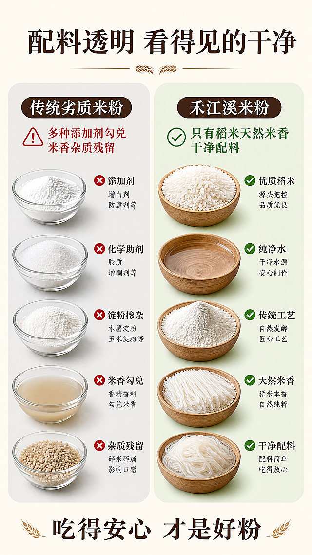 [第3屏] 配料对比板块，左右分栏对比劣质米粉与禾江溪米粉，突出配料干净优势。风格直观清晰专业。左右平均分栏，左劣质米粉右禾江溪米粉，各放对应配料实拍。均匀柔和布光，左右光影一致。全局底色#F5F0E6，左栏浅灰底，右栏浅绿底，文字深棕，痛点红优势绿。竖向对称构图，对比强烈。文字沿用首屏字体字色，顶部主标题"配料透明 看得见的干净"，左栏标题"传统劣质米粉"配痛点多种添加剂勾兑米香杂质残留，右栏标题"禾江溪米粉"配优势只有稻米天然米香干净配料，底部总结"吃得安心 才是好粉"。9:16竖版，4K，文字清晰。负向提示：分栏错乱，文字模糊，水印，虚假对比，极限词