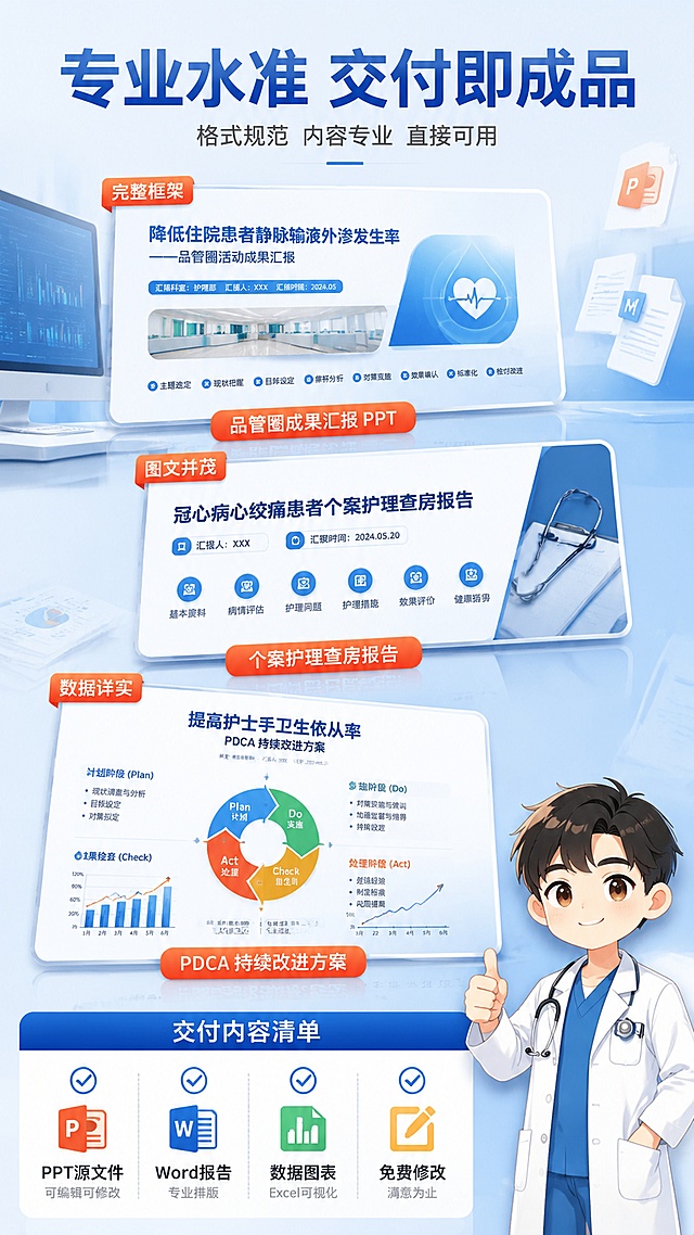 [第6屏] 医护课件交付物展示与样例屏。本屏使用【图1】作为IP形象与配色参考。
[氛围/风格] 专业成果展示风，PPT/文档样例预览效果，真实感强，突出交付质量。
[元素布局] 顶部大标题；中部展示3份不同类型的课件样例缩略图（品管圈PPT、个案查房报告、PDCA循环图），呈阶梯式排列，每份样例下方标注名称；底部卡通医生形象+交付清单；背景浅蓝渐变，点缀电脑屏幕、文件、PPT页面等元素。
[光影质感] 样例图有屏幕反光效果和阴影，呈立体摆放，整体明亮专业。
[配色色系] 全局底色 #F0F7FF 浅蓝；样例框白色描边；标题 #1565C0 深蓝；标签橙红底白字。
[视角构图] 正面竖版，自上而下：标题 → 样例展示区（3份样例错落排列） → 交付清单 → 底部IP。
[文字版式] 顶部主标题「专业水准 交付即成品」蓝色粗体，副标题「格式规范 内容专业 直接可用」灰色小字；3份样例分别标注：「品管圈成果汇报PPT」、「个案护理查房报告」、「PDCA持续改进方案」；每份样例上有小标签如「完整框架」、「图文并茂」、「数据详实」；底部交付清单：交付内容含「PPT源文件+Word报告+数据图表+免费修改」，配4个勾选图标；右下角卡通医生竖大拇指。
[比例分辨率] 9:16 竖版比例，4K 分辨率，文字清晰可辨，高清画质。
[负向提示词] 变形，水印，文字错乱，文字过小，样例模糊，颜色偏差，出现平台logo。