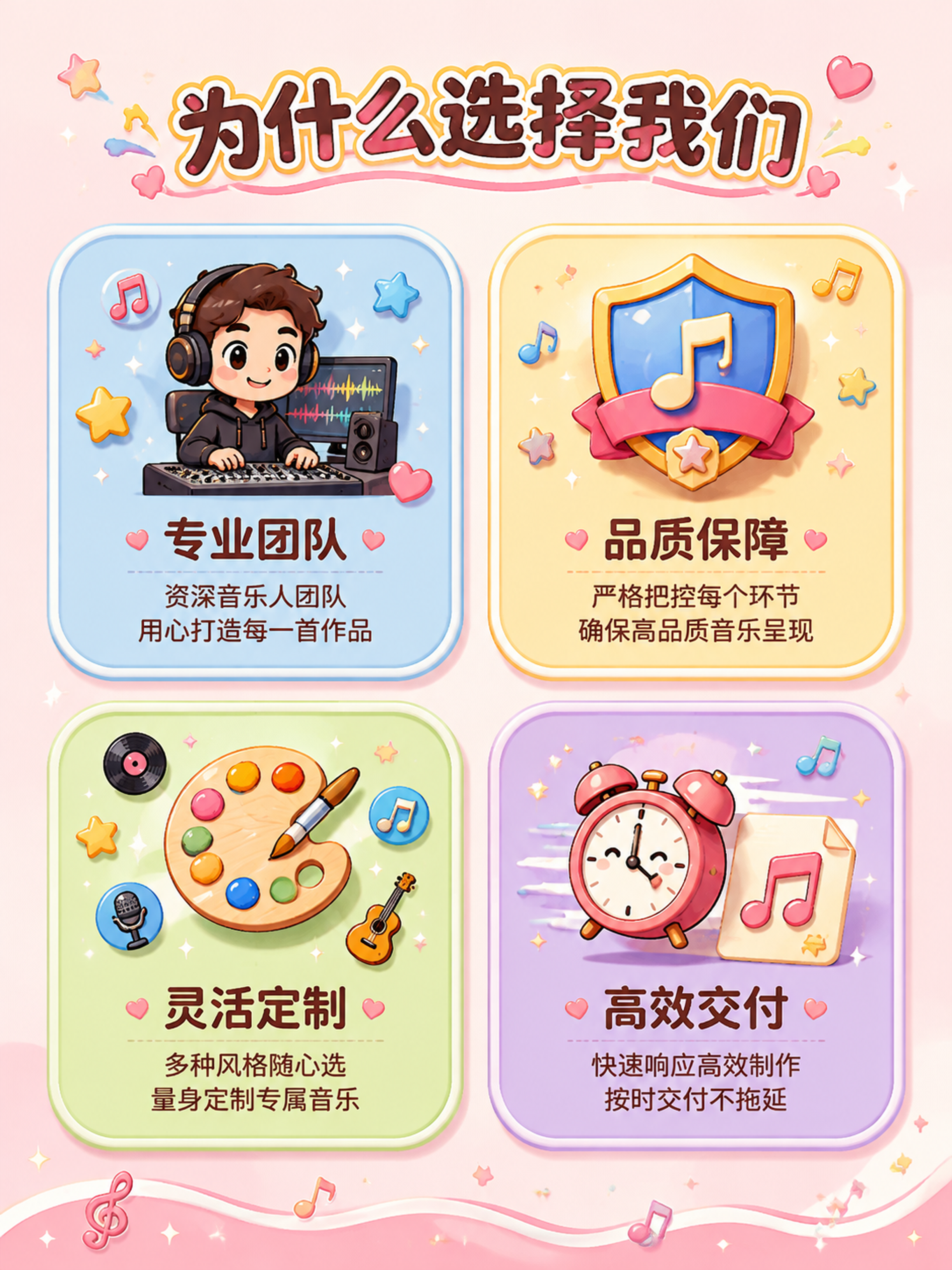 [第4张] 代唱服务核心优势卖点页，四大优势展示。卡通可爱风格… - 图片创意预览