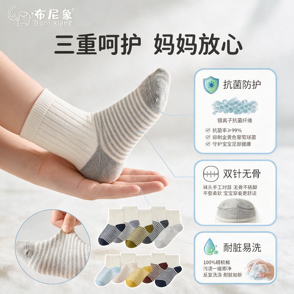 [主图-2] 儿童袜子功能卖点图，突出抗菌耐脏易清洗和双针无骨… - 图片创意预览