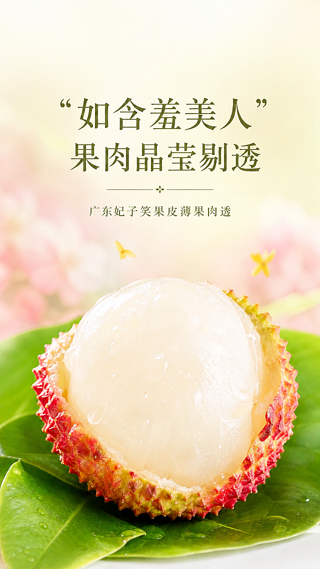 去除图片左上角的桂花和黄色小花，保留其余内容、文案和荔枝主体不变，保持整体清新淡米黄背景风格不变