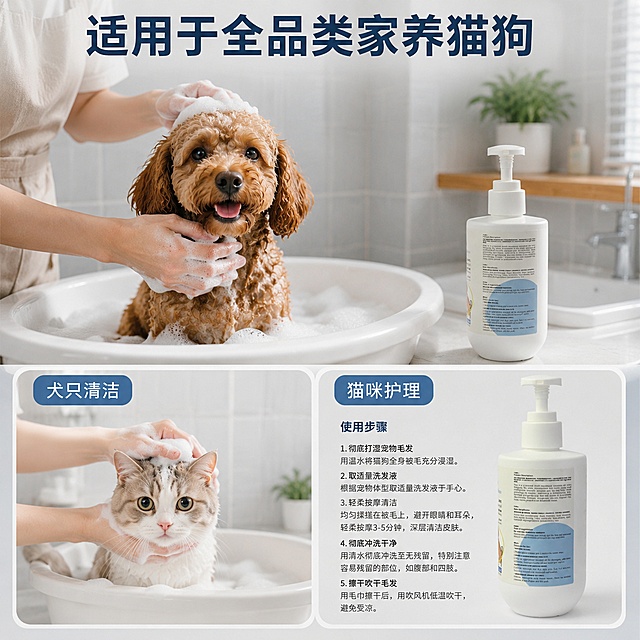 一、标签正面 
F.DENT宠物多功能氨基酸清洁浴液【通用型】
F.DENT Pet Multi-Functional Amino Acid Cleansing Shampoo 【Universal Type】
抗静电·柔顺·去屑·止痒
Antistatic · Softening · Anti-dandruff · Anti-itch
氨基酸温和配方 蕴含多种植物提取物
Mild amino acid formula, enriched with a variety of plant extracts.
净含量：236ml
 Net Content: 236ml
二、标签背面
 
产品简介：Product Description
本品为宠物通用型多功能清洁护理浴液，采用氨基酸温和表活配方，温和清洁宠物毛发与肌肤，兼具抗静电、柔顺亮毛、去屑、舒缓止痒功效，对宠物肌肤极其友好，长期使用可改善毛发干枯、毛躁、静电及皮屑问题。
This is a universal multi-functional cleaning and care shampoo for pets. Formulated with mild amino acid surfactants, it gently cleanses pet fur and skin, while providing anti-static, softening & brightening, anti-dandruff, and soothing & anti-itch effects. It is extremely skin-friendly for pets. Long-term use can improve dry, frizzy, static-prone fur and dandruff issues.
 
主要成分：Main Ingredients:
氨基酸表面活性剂、植物提取物、毛发柔顺剂、抗静电因子、肌肤舒缓成分、去屑护理成分、植物提取物等。
Amino Acid Surfactants, Plant Extracts, Hair Softeners, Anti-static Factors, Skin Soothing Ingredients, Anti-dandruff Care Ingredients, Plant extracts, etc.
适用范围： 
Scope of Application:
适用于犬、猫等各类家养宠物毛发及外部皮肤清洁护理。
Suitable for cleaning and caring for the hair and external skin of various domestic pets such as dogs and cats.
使用方法：
Directions for Use:
1. 用温水将宠物毛发完全浸湿；
Thoroughly wet your pet’s coat with warm water.
2. 取适量浴液，加水揉搓出泡沫后均匀涂抹于宠物全身毛发；
Take an appropriate amount of the shampoo, add water and lather, then apply evenly all over your pet’s coat.
3. 轻柔按摩毛发及皮肤1–3分钟，重点清洁皮屑、打结部位；
Gently massage the fur and skin for 1–3 minutes, focusing on areas with dandruff and tangles.
4. 用温水彻底冲洗干净，无残留后擦干、吹干毛发即可。
Rinse thoroughly with warm water. Once no residue remains, dry and blow-dry the coat. 「图片1」「图片1」「图片1」「图片1」「图片1」「图片1」「图片1」