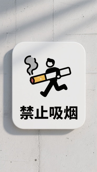 简洁卡通风格禁止吸烟提示牌，白色圆角矩形牌面，上方为黑色简笔画小人扛着巨大黄色过滤嘴香烟奔跑的图案，香烟尾部有灰色烟雾，下方居中位置为黑色粗体中文“禁止吸烟”，背景为浅灰色带有细微纹理的水泥墙面，整体设计简洁明了，色彩对比鲜明，信息传达直接，具有清晰的视觉层级和现代简约的版式设计。预览效果