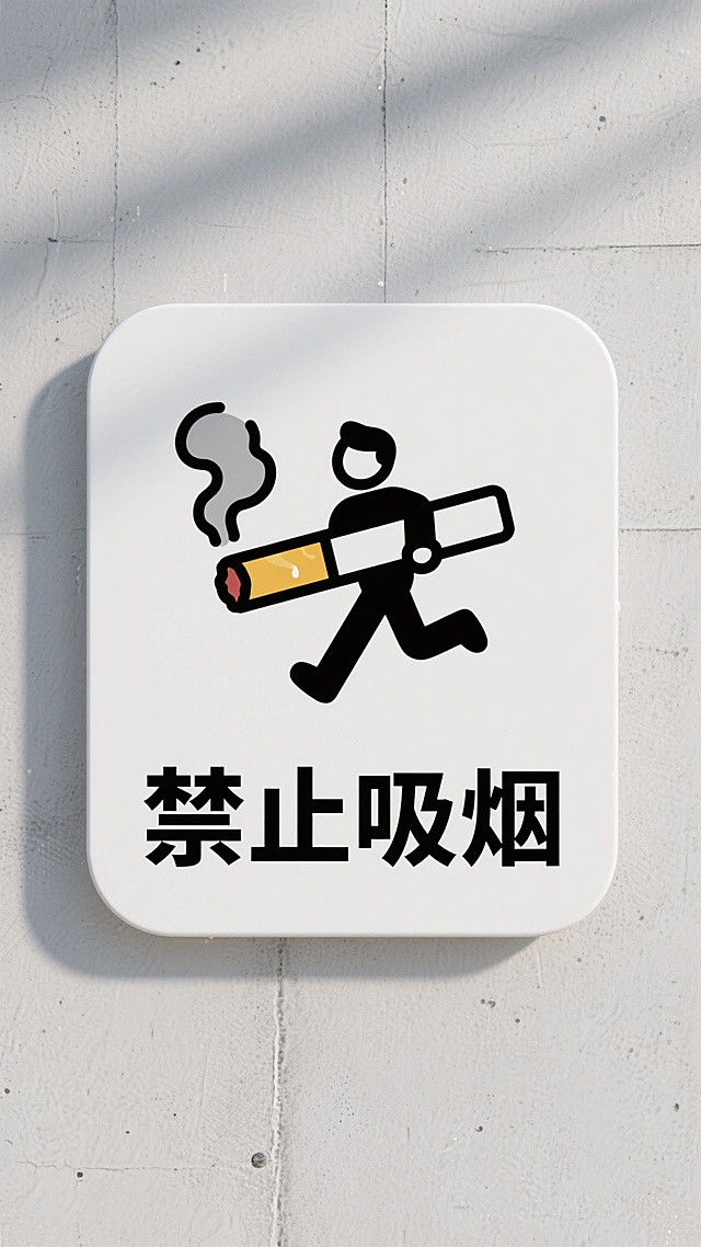 简洁卡通风格禁止吸烟提示牌，白色圆角矩形牌面，上方为黑色简笔画小人扛着巨大黄色过滤嘴香烟奔跑的图案，香烟尾部有灰色烟雾，下方居中位置为黑色粗体中文“禁止吸烟”，背景为浅灰色带有细微纹理的水泥墙面，整体设计简洁明了，色彩对比鲜明，信息传达直接，具有清晰的视觉层级和现代简约的版式设计。