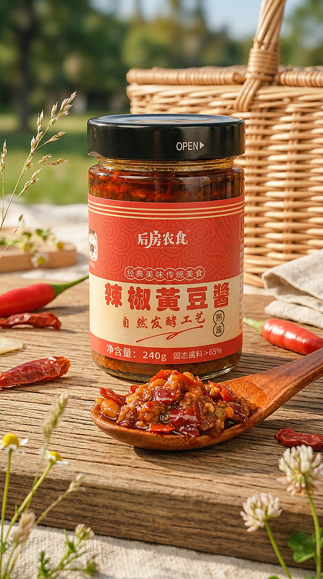 保留产品瓶身、所有文字图案和酱料完全不变，形状结构颜色特征一字不改。更换为全新户外野餐场景：木质野餐垫上，搭配藤编背景，自然午后暖光，微风氛围感，红亮油润酱料，浅景深，清新自然风格，美食商业摄影，超有食欲