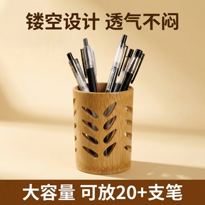 电商主图，正方形尺寸，顶部核心信息区有醒目的文字「镂空设计 透气不闷」，字体清晰易读。画面中心是树叶镂空款的竹制笔筒，笔筒里插着几支办公签字笔，纹理自然清晰，背景是柔和的浅卡其色渐变，光线均匀柔和，突预览效果