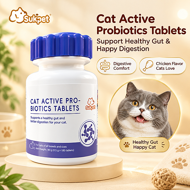 [主图-1] 首图产品主视觉，核心任务是让买家一眼看清这是 Sukpet 猫用活性益生菌片产品，并传递「猫咪肠胃健康」的专业宠物营养品牌印象。
[统一基调] 暖米金色浅背景，柔和光斑点缀，整体温馨干净的宠物健康风；标题用深棕红圆润粗体，辅助文字用深棕色中圆体，强调色为暖金与浅紫蓝（呼应瓶身蓝盖）；卡片统一白色圆角、细金色描边，图标统一线性圆润风格；左上角 Sukpet 品牌 Logo 与参考图同款小狗头标一致。
[画面] 画面中心放置产品瓶身，白色瓶身、蓝色齿轮状瓶盖、瓶身正面标签印有 CAT ACTIVE PROBIOTICS TABLETS 与 Sukpet 品牌标识，标签底部紫色条带清晰可见，产品占画面约 65%，正面略偏 30° 角，放置在浅米色圆形展示台上，底部有柔和接触阴影。右侧搭配一只健康可爱的英短猫咪头像圆形画中画，猫咪表情愉悦、毛色顺滑有光泽，画中画下方配一个圆角标签。画面上方右侧用大标题点明产品名称与核心利益，下方配 2 个圆角小标签。
[光影质感] 商业宠物产品摄影质感，主光来自左上方 45°，瓶身有自然高光带，标签文字清晰锐利，整体柔光暖调，无硬阴影，产品与背景自然融合，无悬浮感。
[配色] 主背景暖米金渐变，辅助色白色与浅金，强调色深棕红标题 + 浅紫蓝点缀，整体与参考图软骨素钙片系列暖金温馨风格完全统一。
[文字版式] 左上角 Sukpet Logo；右上大标题「Cat Active Probiotics Tablets」，副标题「Support Healthy Gut & Happy Digestion」；下方两个圆角胶囊标签：「Digestive Comfort」「Chicken Flavor Cats Love」；所有文字为英文，圆润无衬线字体，字号层级清晰，不遮挡产品主体。
[输出要求] 1:1 正方形，高清锐利，产品外观与输入图完全一致，文字清晰无错字，无水印、无平台 Logo、无中文；负向：瓶身变形、标签模糊、画面杂乱、颜色偏差、悬浮感、多余杂物。