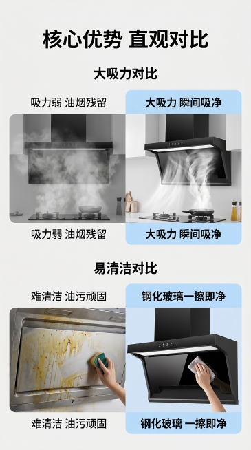 [主图 4]顶侧双吸油烟机吸力与清洁效果对比展示。[氛围风格]清晰直观，说服力强。[画质]商业摄影质感，对比清晰，画面干净高级。[画质]超高清，产品清晰真实。[元素]页面采用上下对比布局，上半部分展示预览效果
