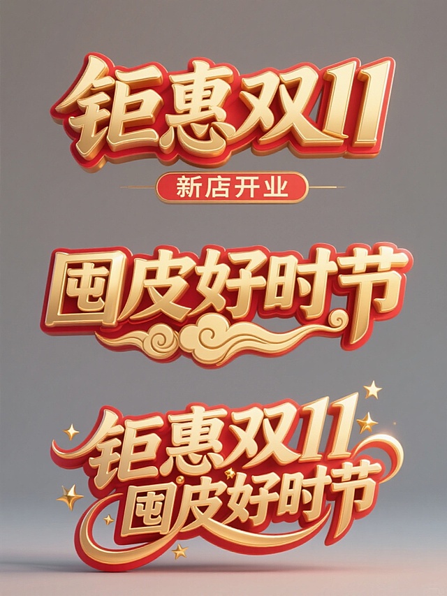 鎏金浮雕3D大字风，喜庆红金配色，强化体积感与促销氛围，融合双11与国庆节庆元素，营造热烈欢庆的节日视觉体验。