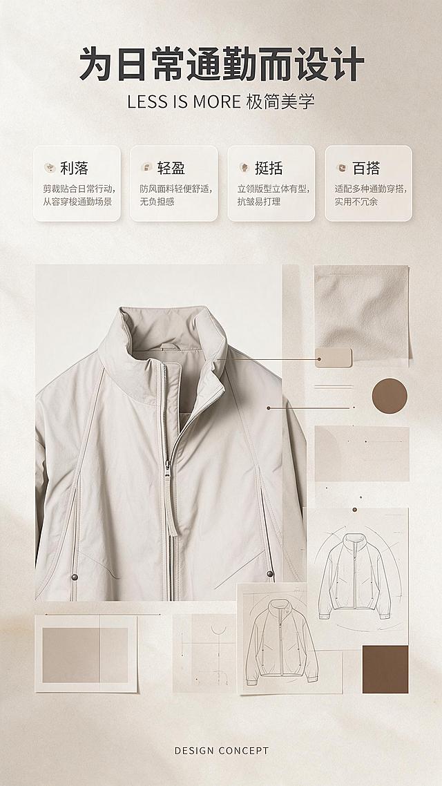 [商品] 使用【图1】浅米色立领宽松夹克；商品处理：保留立领、中央拉链、插肩袖、两侧按扣口袋、袖口魔术贴、下摆松紧、浅米色颜色和防风面料质感；自然去除衣身杂乱褶皱，理顺垂坠，增强面料纹理、缝线、拉链和五金按扣质感，不改变版型和结构。
[画面] 目标：设计理念页，诠释都市轻通勤设计灵感。左上方夹克局部特写（立领+肩部），右侧和下方分布面料色卡、设计手稿线条、极简几何图形，营造灵感拼贴氛围。画面分三层：前景色卡与标签，中景夹克局部，背景浅米色渐变+细腻纸张纹理。
[视觉] 套系策略：风格=极简高级都市通勤商业摄影；标题字=现代无衬线粗体（思源黑体Heavy）；正文字=简洁无衬线体（思源黑体Regular）；主色=浅米杏；背景延展=基于浅米杏做深浅层级、同色渐变和细腻纸张/织物质感；强调色=深棕褐，仅用于小面积图标、引线和标签；标题色=深炭灰；正文色=中暖灰；组件=圆角浅底信息卡、细线引线、极简几何装饰；光影=左前侧暖柔光，柔和自然阴影。
[文字] 顶部主标题「为日常通勤而设计」，副标题「LESS IS MORE 极简美学」。中部4个风格关键词卡片：利落、轻盈、挺括、百搭，每个关键词配1句短解释。底部小号英文「DESIGN CONCEPT」。文字横向排版，层级清晰。
[规格] 图片比例9:16竖版，2K分辨率，中文文案，避免变形、错字、文字过小、冷蓝/蓝灰背景、衣服颜色改变、版型失真、极限词。