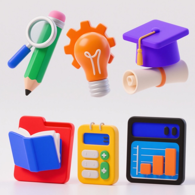 六组学习主题相关的3D图标，每个图标均采用半透明渐变材质，具有柔和的高光和细腻的阴影效果，保持与原图一致的圆润边角和立体感。图标颜色分别为蓝色、绿色、橙色、紫色、红色和黄色。图标内容从左到右、从上到下预览效果