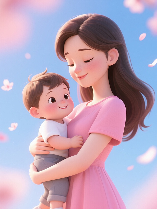 3D卡通风格插画，柔和渐变的粉蓝色调，温暖的侧逆光效果，柔和的阴影与高光，平滑细腻的3D渲染质感，近景特写构图，一位长发女性抱着一个幼儿，女性穿着粉色连衣裙，幼儿穿着白色上衣和灰色裤子，两人面带温馨微笑，眼神交汇充满爱意，背景有模糊的蓝色天空和飘落的花瓣，整体氛围宁静温馨治愈，变换造型。