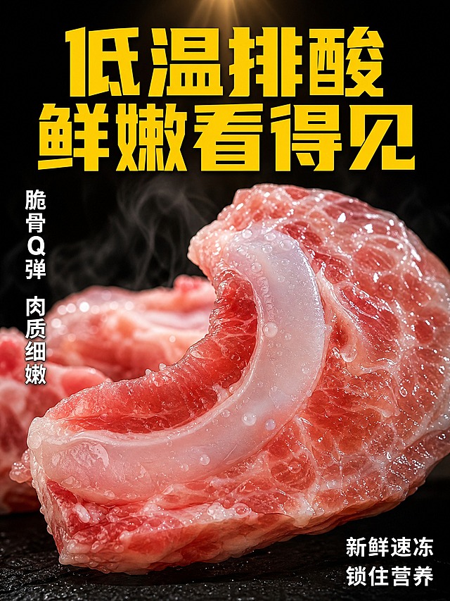 [主图-3] 冷冻猪月牙骨月亮骨 细节微距 种草型。
[统一基调] 拼多多生鲜肉类风格，大字直白性价比，暖红色主色调，深棕+鲜红配色，标题用超粗黑体大字，辅助文案用中等黑体，强调色用亮黄色，整体饱满有食欲，信息直接不绕弯。
[画面] 超近景微距拍摄猪月牙骨横截面，展示脆骨与瘦肉的完美分层结构，月牙形弧度清晰，白色脆骨部分呈半透明胶质状，红色瘦肉部分纤维细腻饱满，表面有细密水珠体现新鲜。产品占画面约75%，居中偏下放置。背景为深黑色虚化，顶部一束暖光聚光灯效打在肉上，周围有淡淡蒸汽/冷气雾气营造新鲜速冻感。
[光影质感] 高端美食微距摄影质感，聚光灯效突出主体，肉质表面有高光油亮，脆骨通透有光泽，水珠晶莹，背景纯黑突出主体，对比强烈有高级感。
[配色] 背景深黑，肉色鲜红+乳白脆骨，文字亮黄+纯白，高对比强冲击。
[文字版式] 顶部大标题亮黄粗黑体"低温排酸 鲜嫩看得见"，左侧竖排小字（横排排列在左侧）"脆骨Q弹 肉质细嫩"，右下角白色小字"新鲜速冻 锁住营养"。文字少而精，放在画面边缘负空间，绝不遮挡肉品细节。
[输出要求] 比例3:4竖版，文字清晰无错字，肉质纹理微距清晰，禁止变形、模糊、水印、平台Logo、过度PS失真。