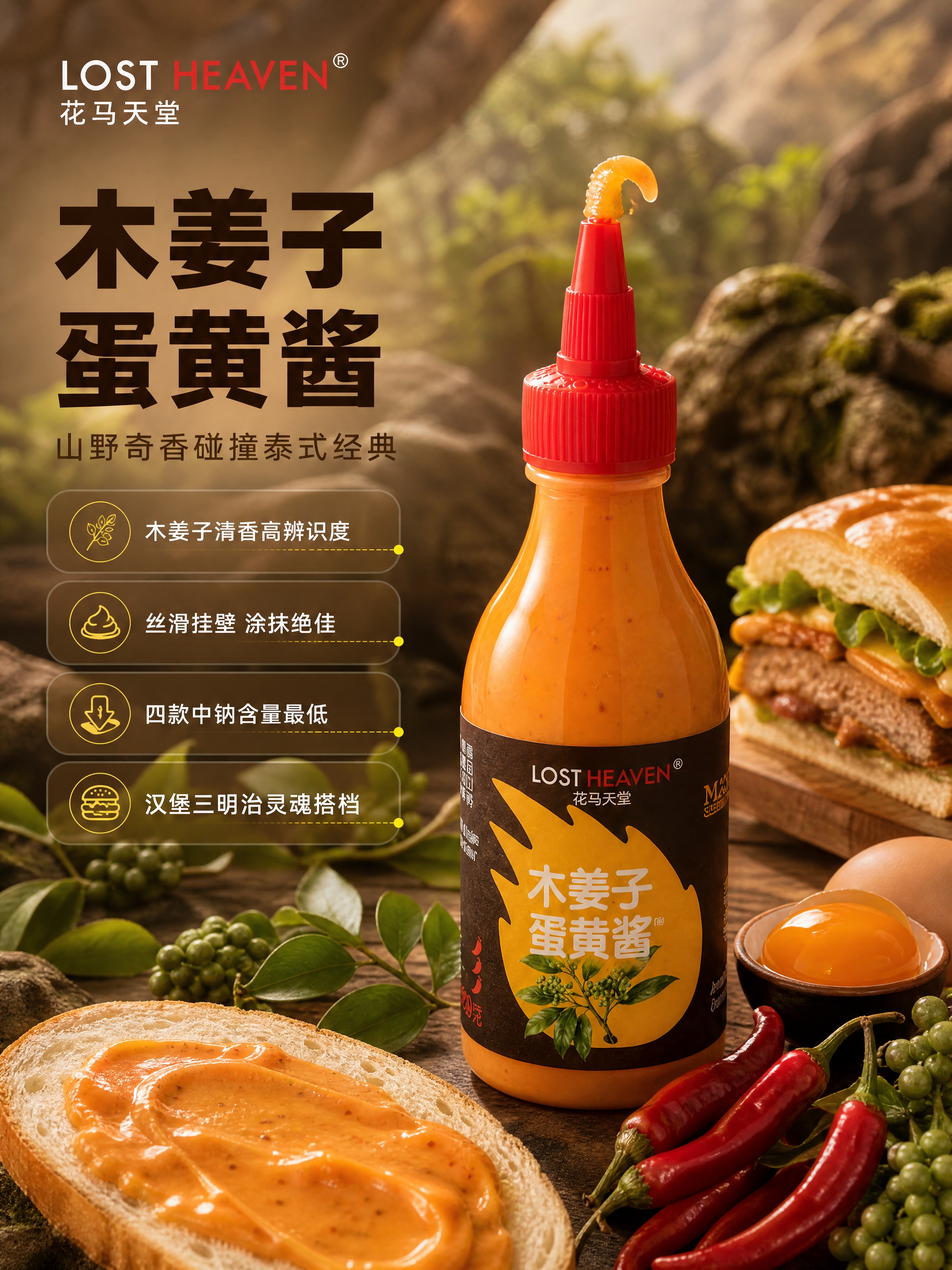 [商品] 使用【图4】木姜子蛋黄酱产品图；严格保留瓶身形状、红… - 图片创意预览