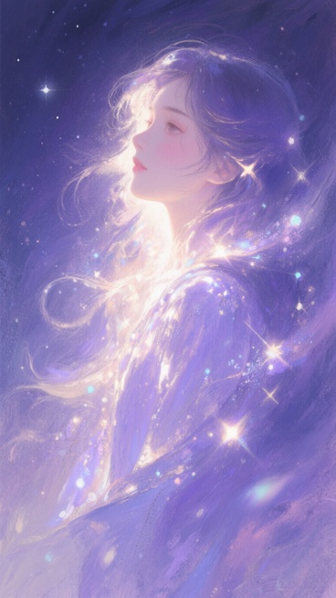 竖版构图。背景是深邃的星空紫渐变。预览效果