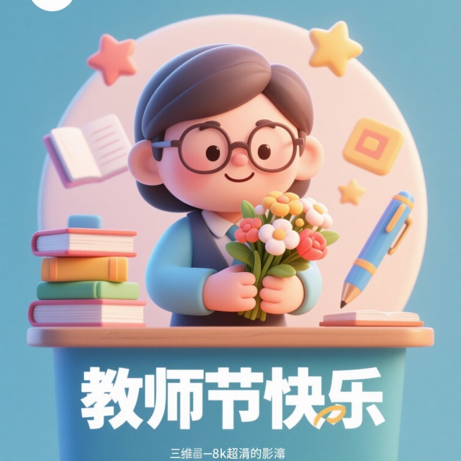 教师节海报，画面中心是一位微笑的老师形象，手持鲜花，周围环绕着书本、钢笔、星星等元素，底部有“教师节快乐”的完整文案，整体风格温馨治愈，色彩柔和明亮，3D立体效果，8k超高清画质预览效果