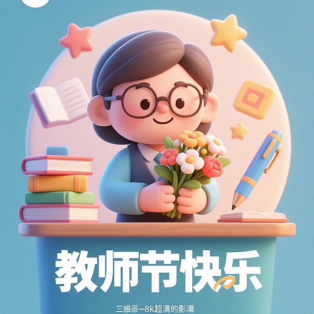 教师节海报，画面中心是一位微笑的老师形象，手持鲜花，周围环绕着书本、钢笔、星星等元素，底部有“教师节快乐”的完整文案，整体风格温馨治愈，色彩柔和明亮，3D立体效果，8k超高清画质